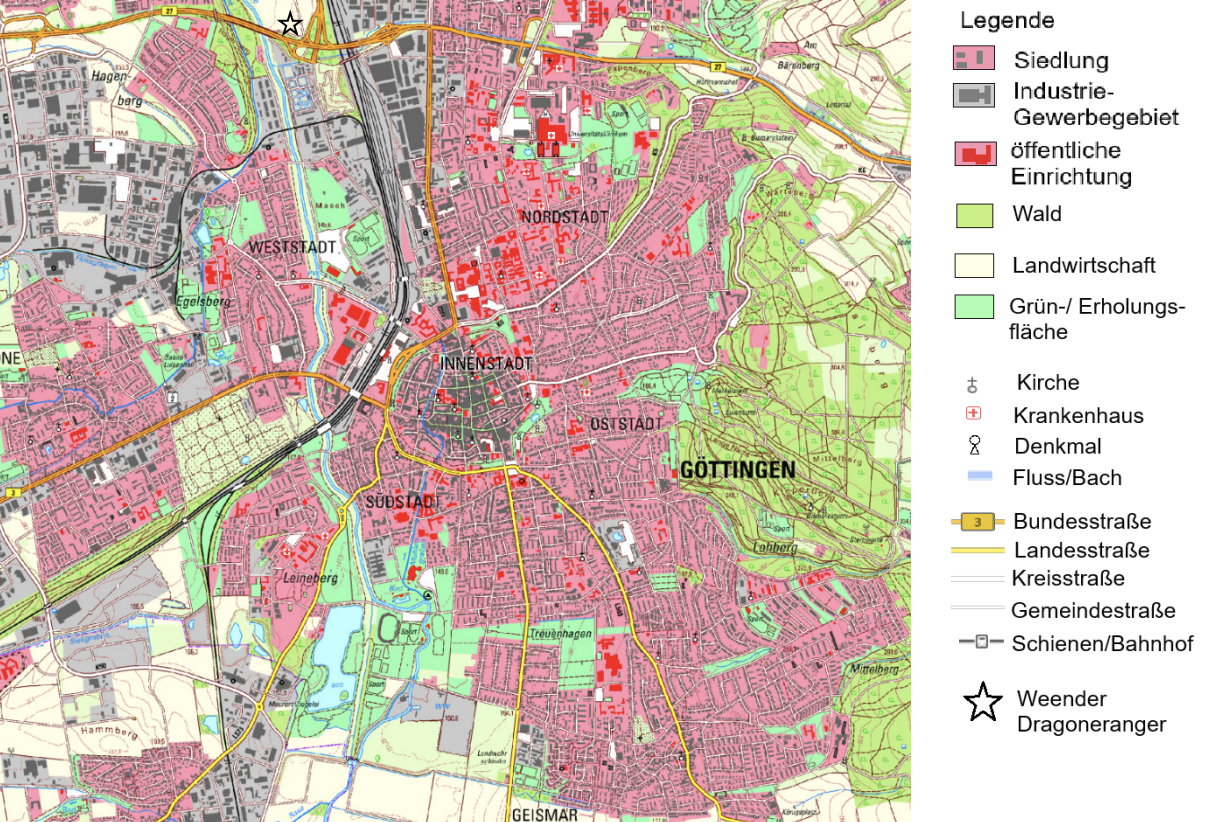 Stadtplan von Göttingen mit farbiger Nutzungskarte, Legende, Straßen- und Schienennetz